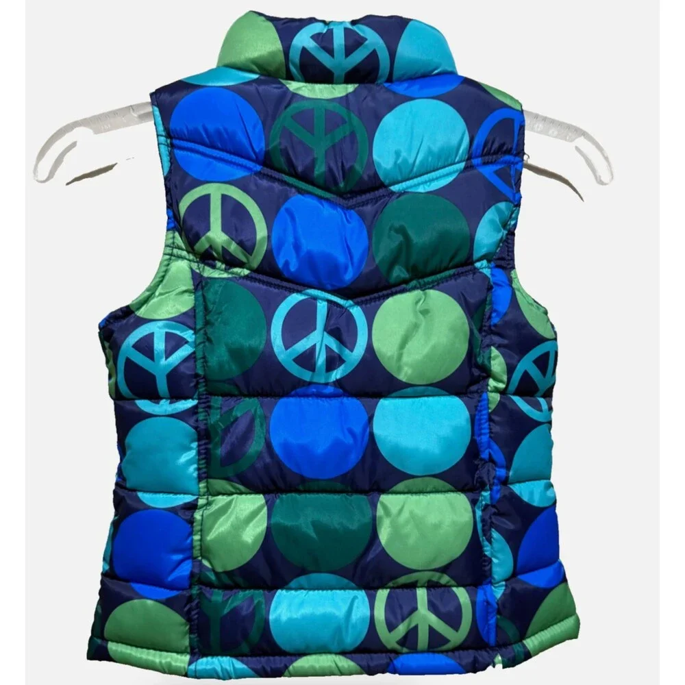 Old Navy Girls Puffer Vest XS Blue Green Peace Sign Bubble Y2K Retro Zip Coat